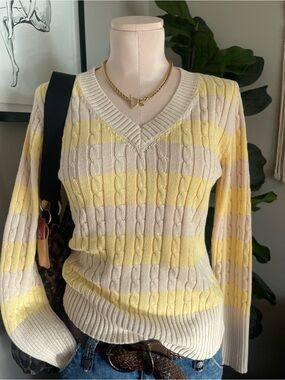 Liz & Co Liz Claiborne Butter Yellow 100% Cotton Y2K Cable Knit V-Neck Sweater